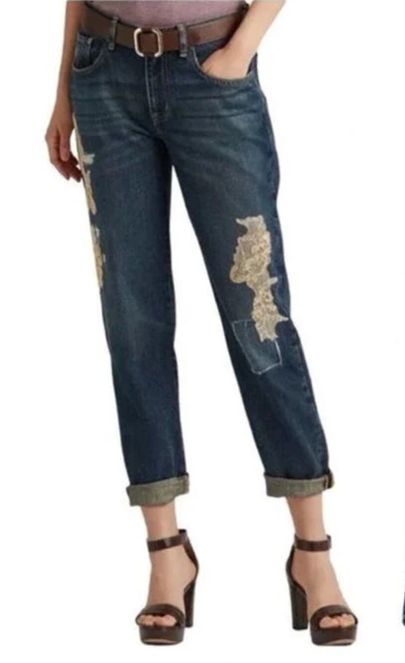 Lauren Ralph Lauren Womens 8 Blue Denim Lace Patchwork Relaxed Tapered Jeans